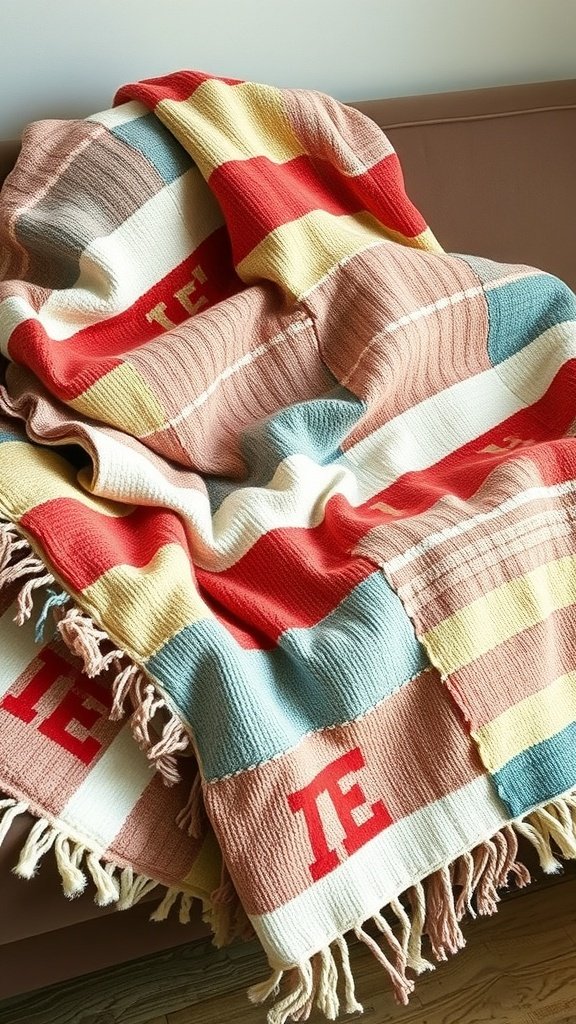 A colorful rag quilt draped over a couch, showcasing various patterns and frayed edges.