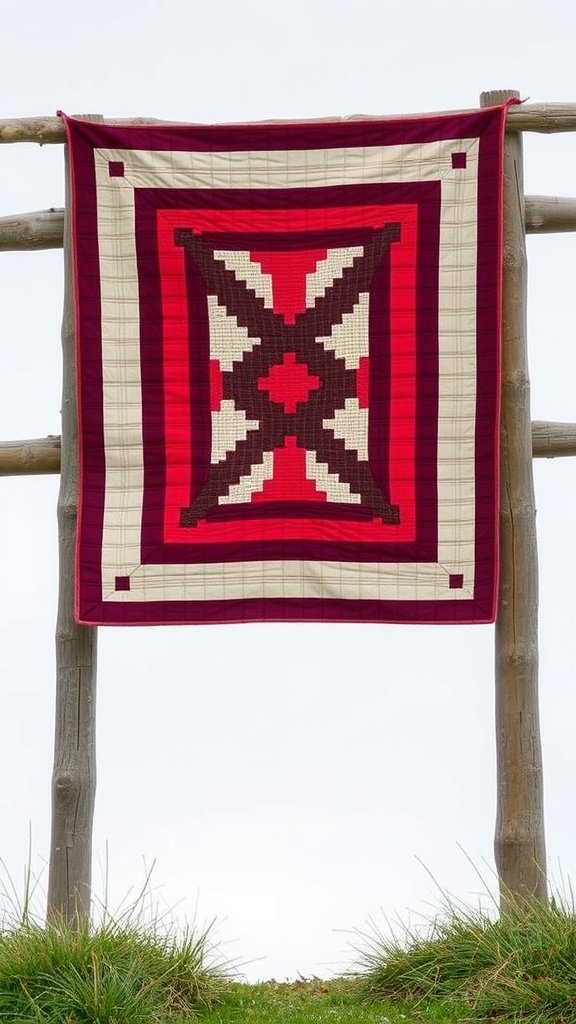 A beautiful Rail Fence Quilt displayed on a wooden fence, featuring a mix of red and cream colors.