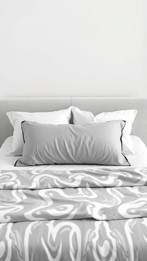A stylish bed with reversible pillowcases featuring a modern gray design and a marbled pattern.