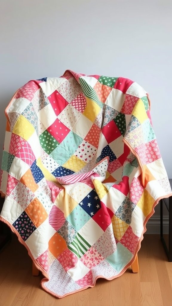 A colorful scrappy quilt made from leftover fabrics, draped over a chair.