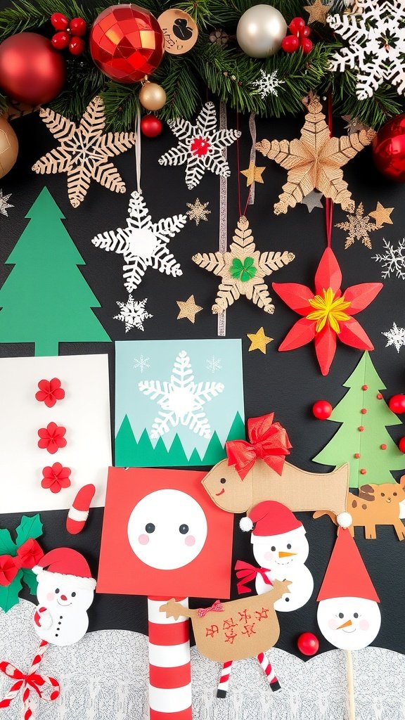 A colorful display of seasonal paper crafts including snowflakes, trees, and snowmen.