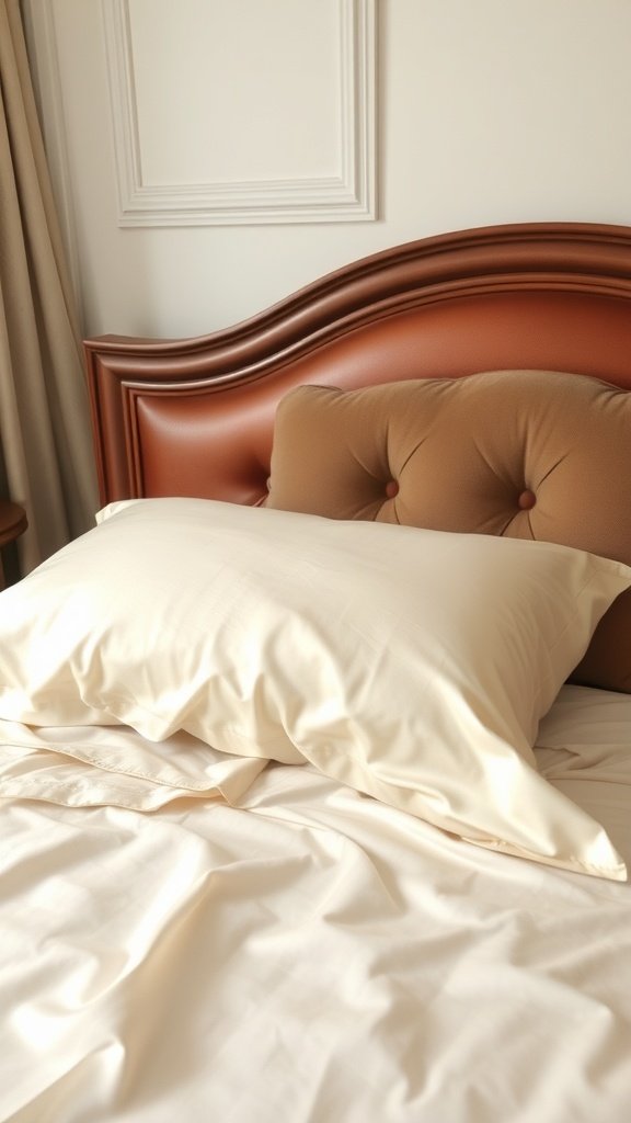 A silk pillowcase on a bed, showcasing its smooth texture and elegant appearance.