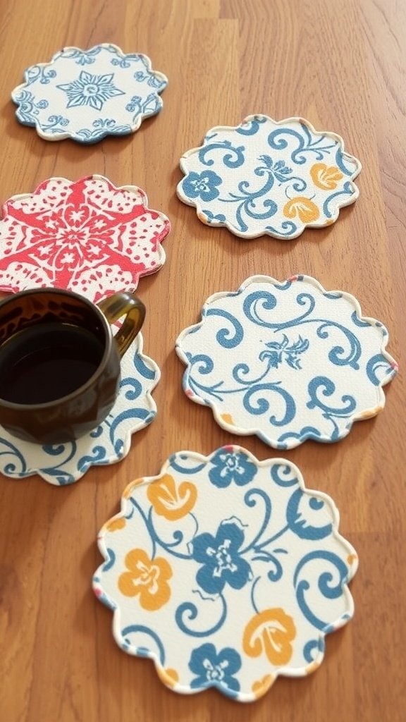 Colorful fabric coasters in various patterns on a wooden table with a cup of coffee.