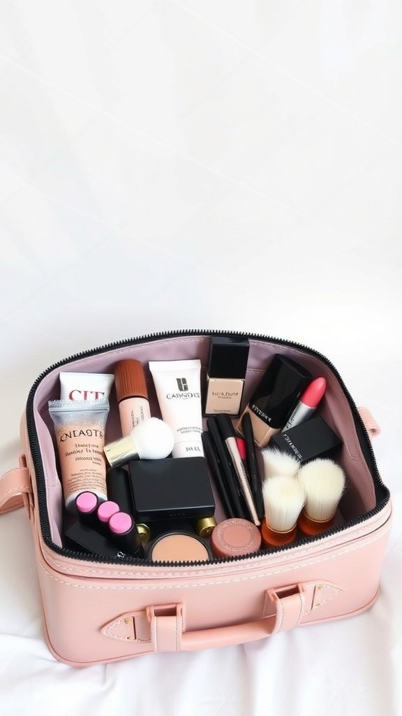 A pink travel makeup bag filled with various beauty products.