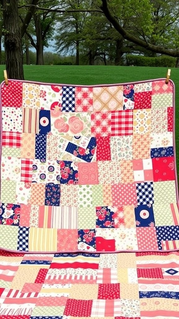 Colorful tumbler quilt hanging outdoors, showcasing various patterns and colors.