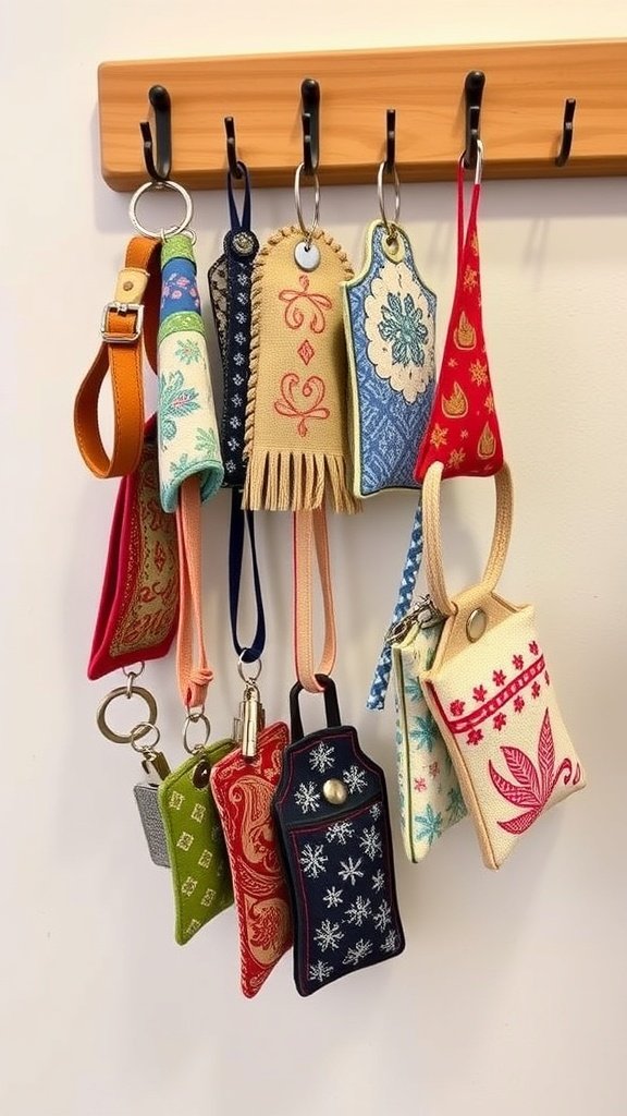 A variety of colorful keychain holders displayed on a rack.