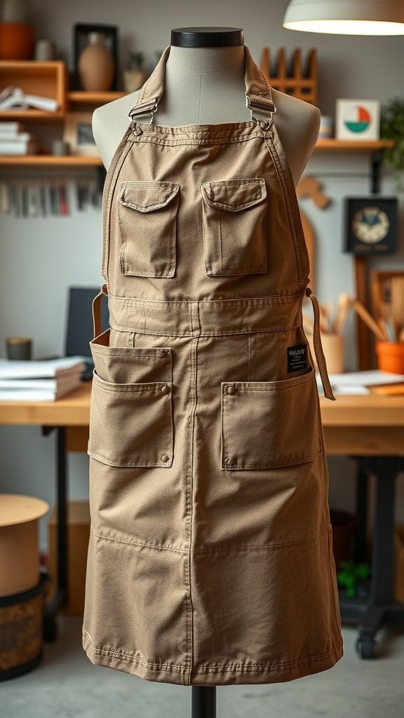 A utility apron designed for crafting and DIY, featuring multiple pockets and a sturdy fabric.