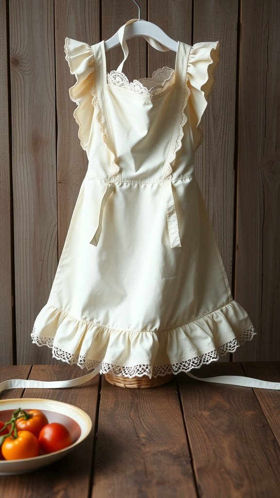 A vintage-style apron with ruffles hanging on a wooden background, accompanied by a plate of fresh tomatoes.