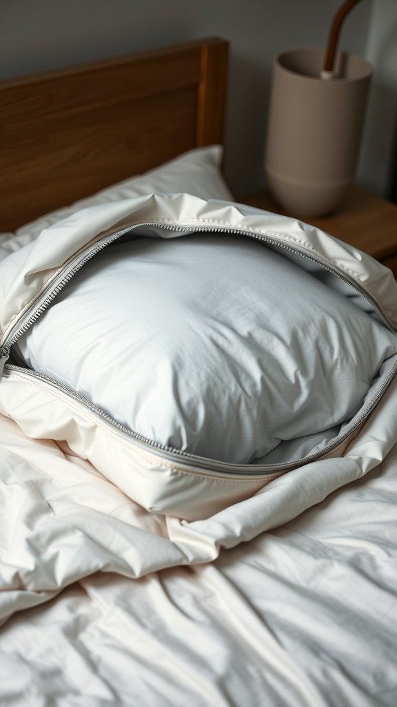 A zippered pillowcase on a bed with a white pillow inside