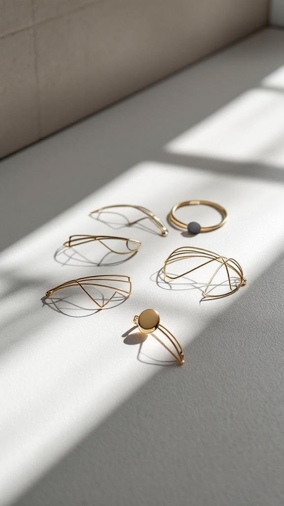 A collection of minimalist metal hair accessories on a light surface.