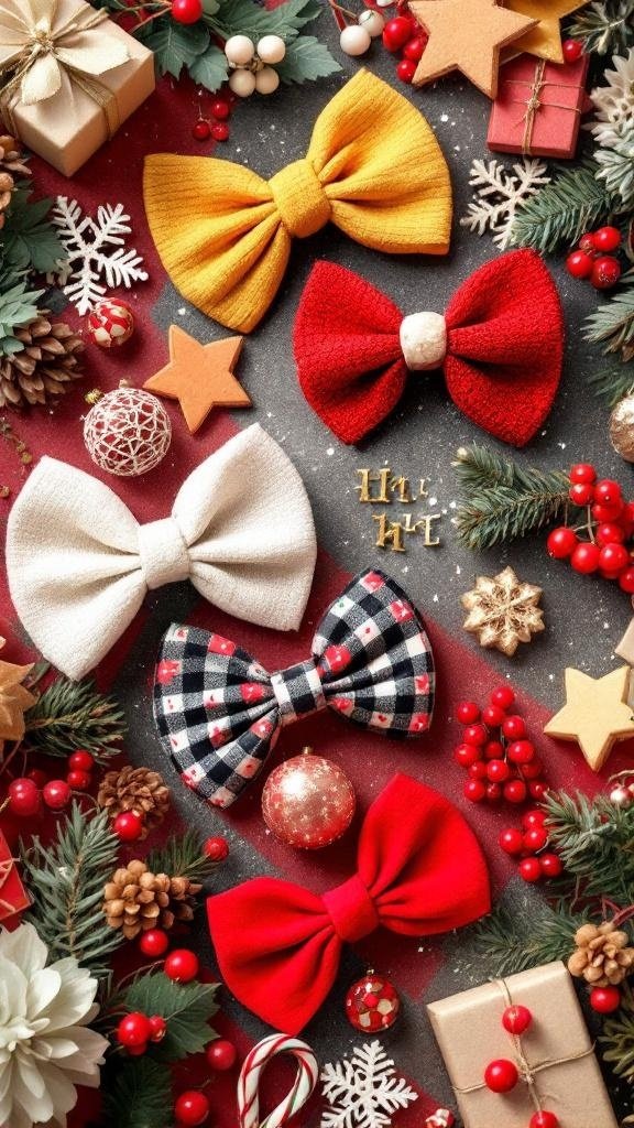 A collection of seasonal themed hair accessories including colorful bows and festive decorations.