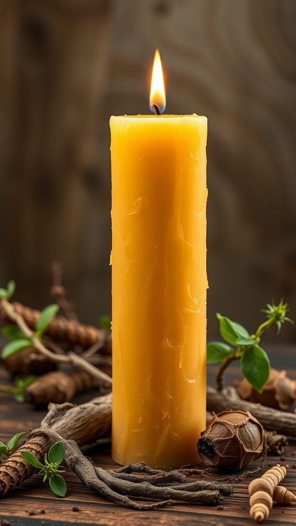 A glowing beeswax pillar candle surrounded by natural elements.