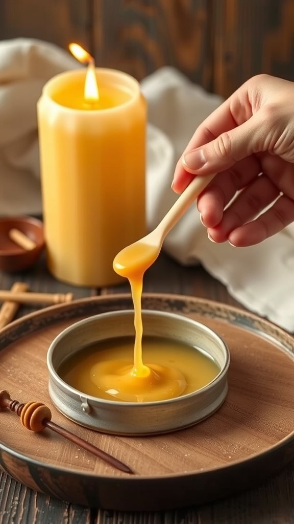 A hand dipping a wooden stick into melted beeswax, with a lit beeswax candle in the background.