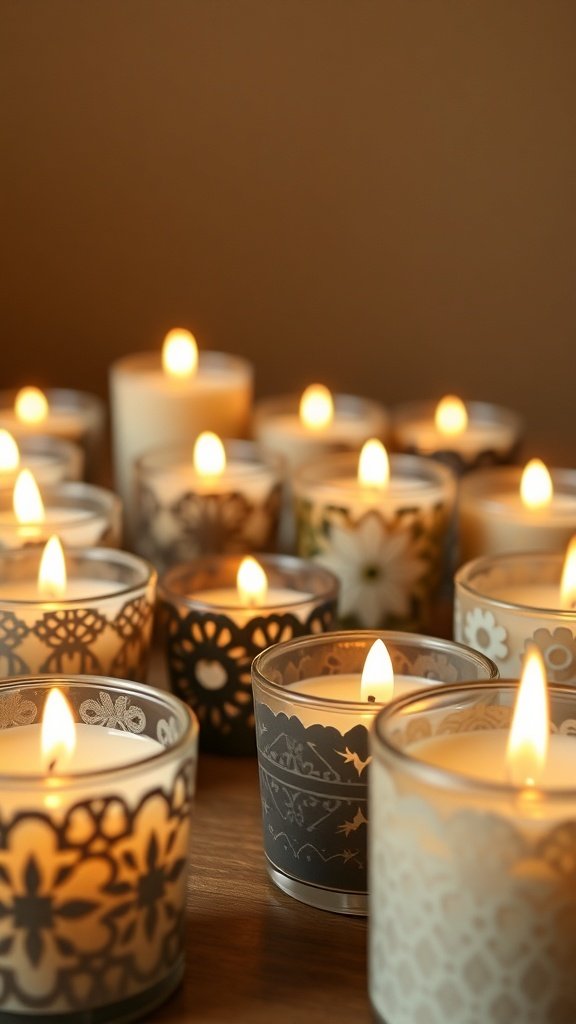 A collection of glowing beeswax votive candles with various designs.