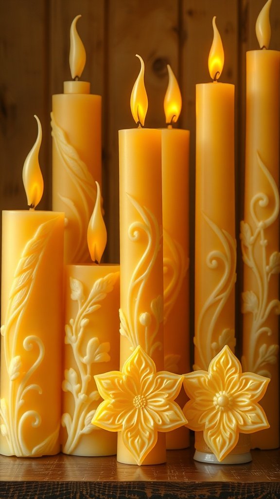 Decorative beeswax candles in various shapes and designs, showcasing intricate details and a warm glow.