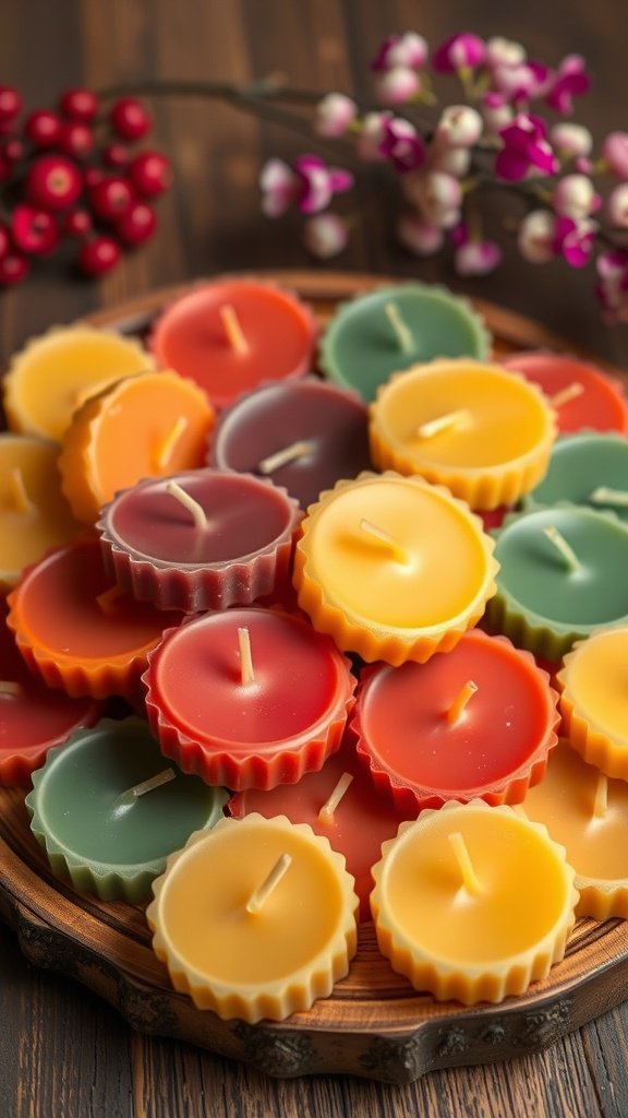 Colorful beeswax candle tarts arranged on a wooden platter with decorative flowers in the background.