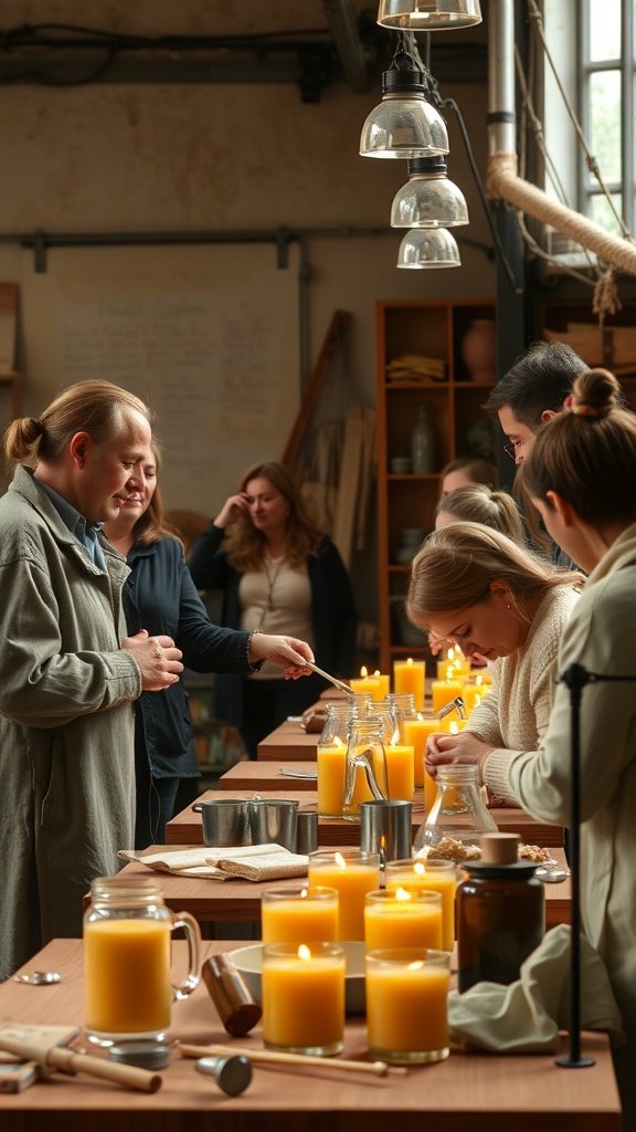 Participants engaged in a beeswax candle making workshop, surrounded by lit candles and various supplies.