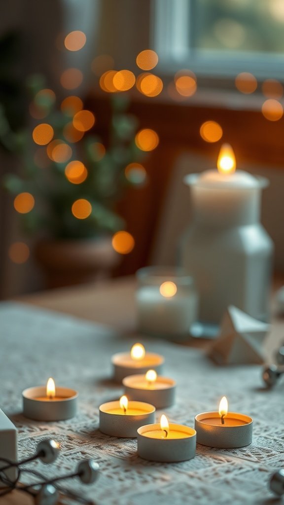 A cozy setup featuring glowing beeswax tea light candles on a table.