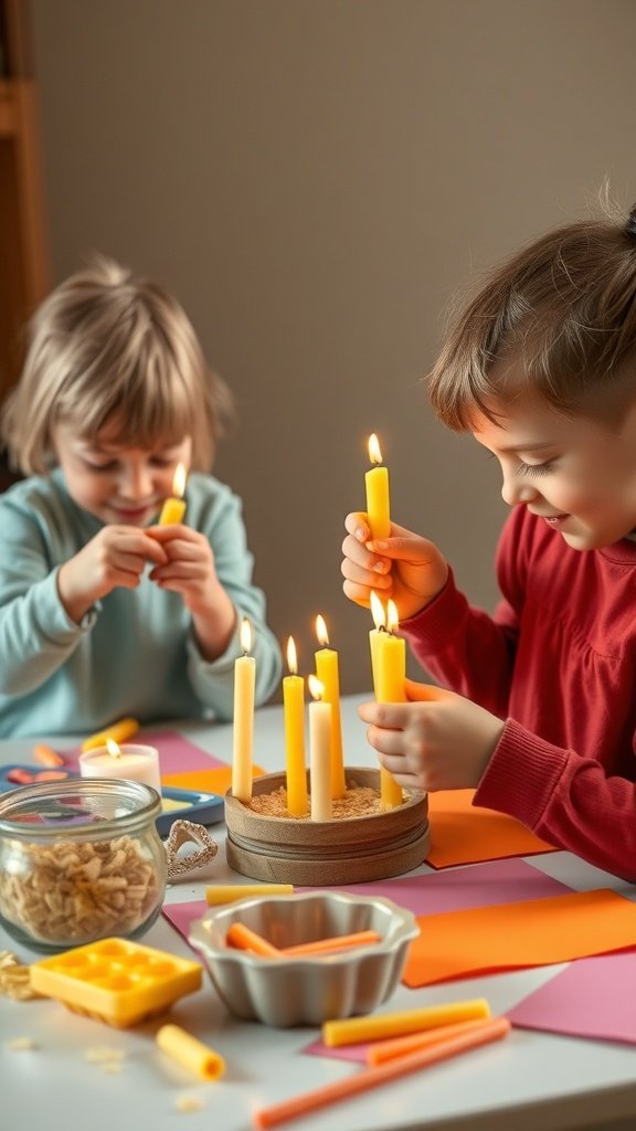 Two children making beeswax candles with colorful materials and lit candles on a table.