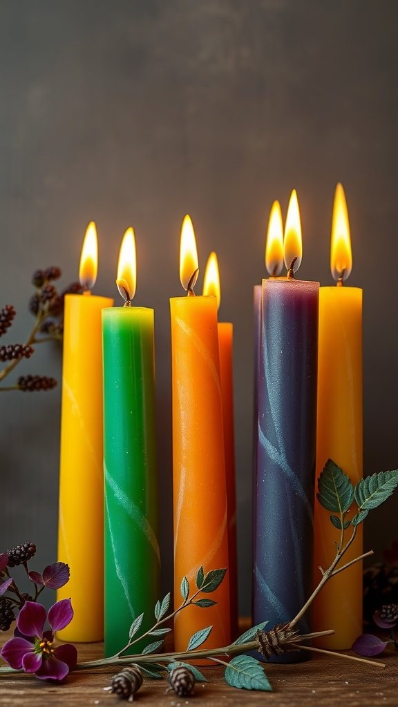 Colorful beeswax candles with natural dyes, showcasing vibrant colors and a warm glow.