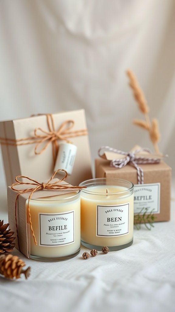 Beeswax candle gift sets with decorative packaging and labels