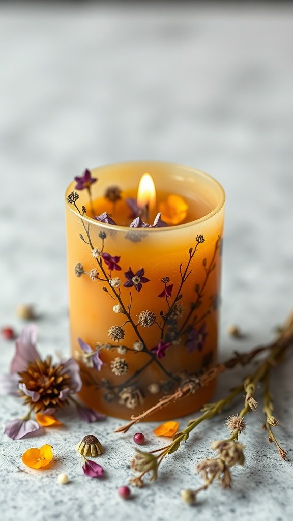 A beeswax candle with dried flowers embedded, glowing softly.