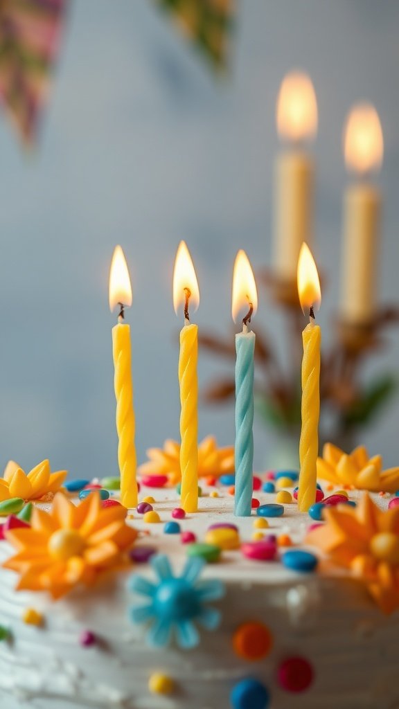 Colorful birthday cake with beeswax candles
