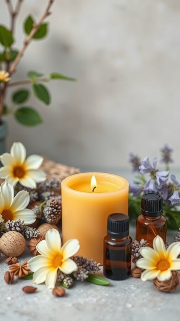 A warm beeswax candle surrounded by flowers and essential oils, ideal for aromatherapy.