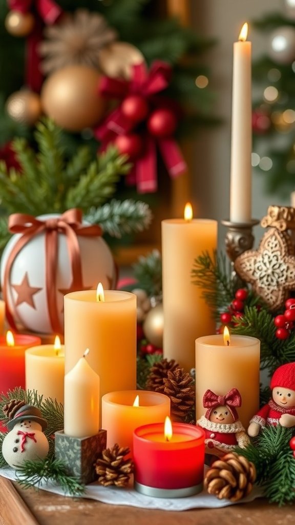 A collection of beeswax candles in various shapes and sizes, surrounded by festive decorations, including pinecones and holiday ornaments.