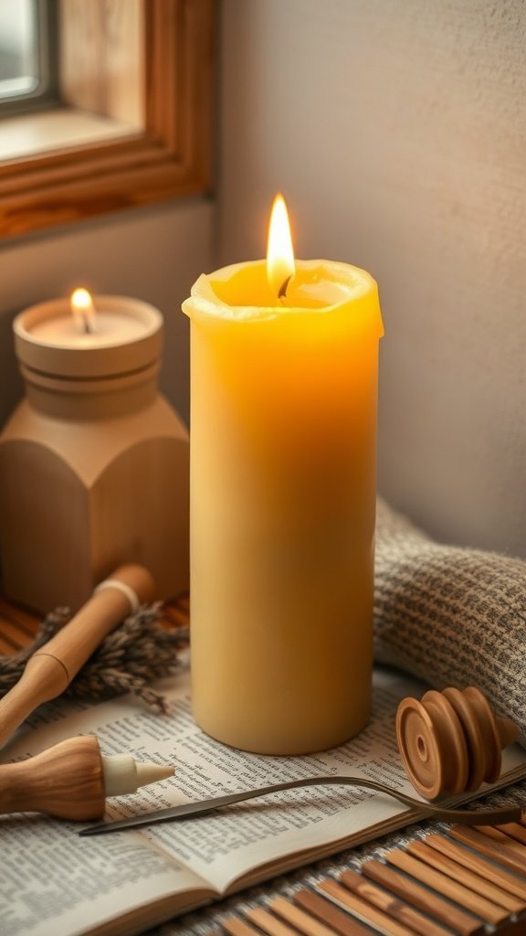 A warm beeswax candle burning beside a smaller candle, with tools and a honey dipper nearby.