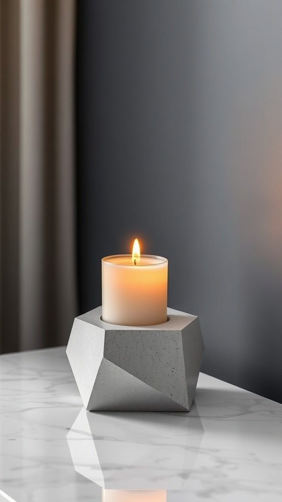 A geometric concrete candle holder with a lit candle on a marble table.