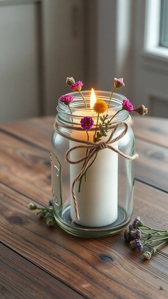 A rustic mason jar candle holder with a candle and colorful flowers, placed on a wooden table.