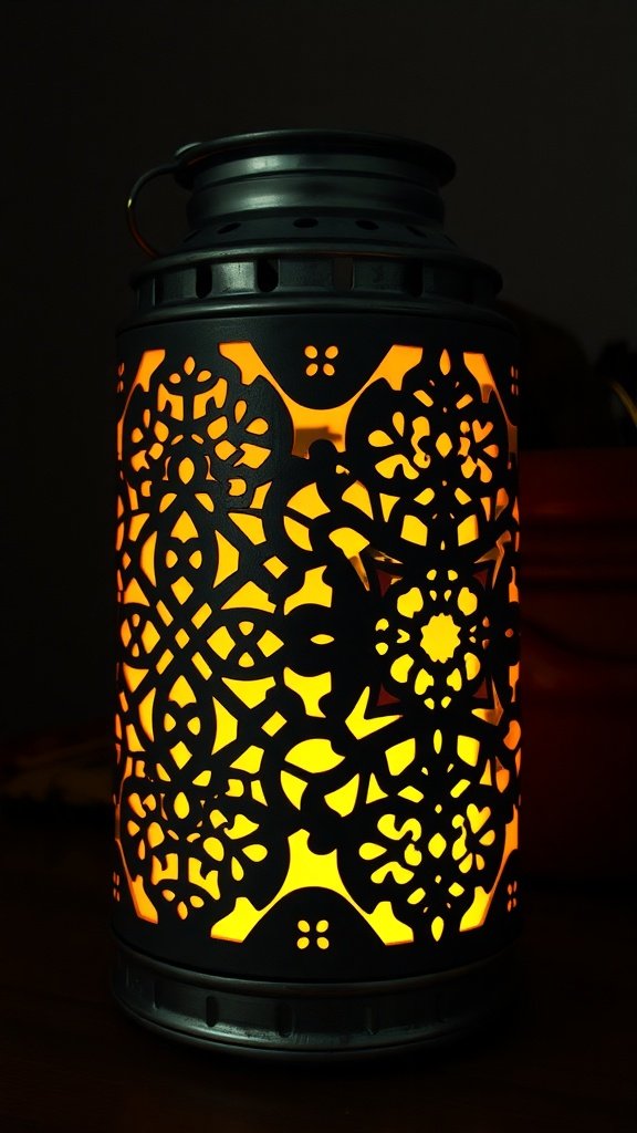 A decorative tin can lantern with intricate cutout patterns glowing warmly.
