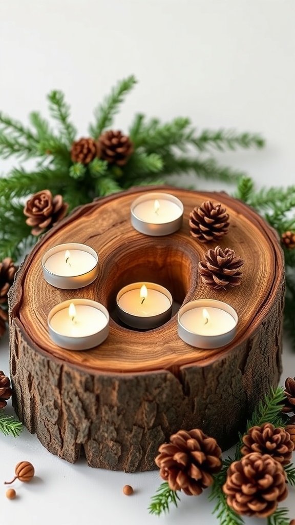 A natural log candle holder with tea light candles surrounded by pine cones and greenery.