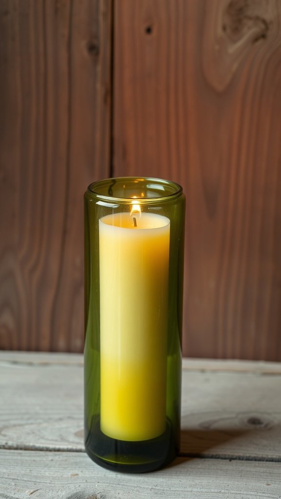 A green glass bottle with a lit yellow candle inside, set against a wooden background.