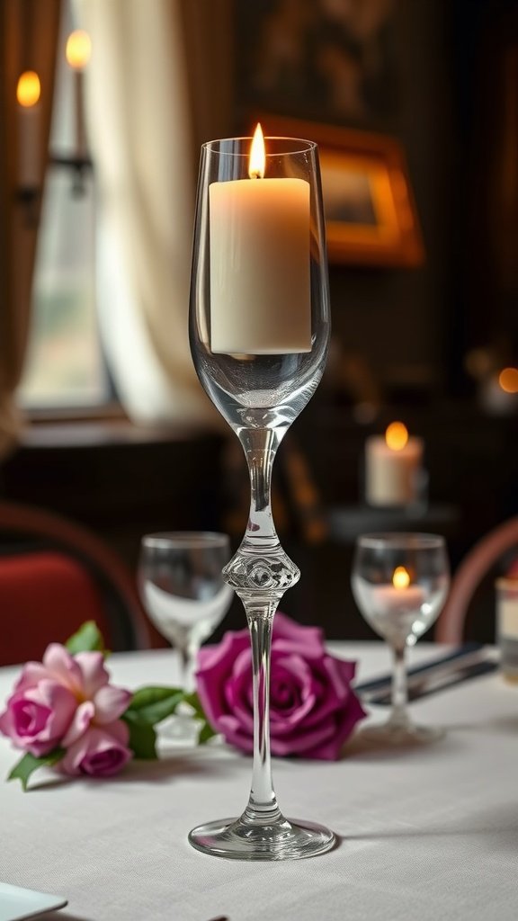 A wine glass holding a lit candle, surrounded by roses on a dining table.