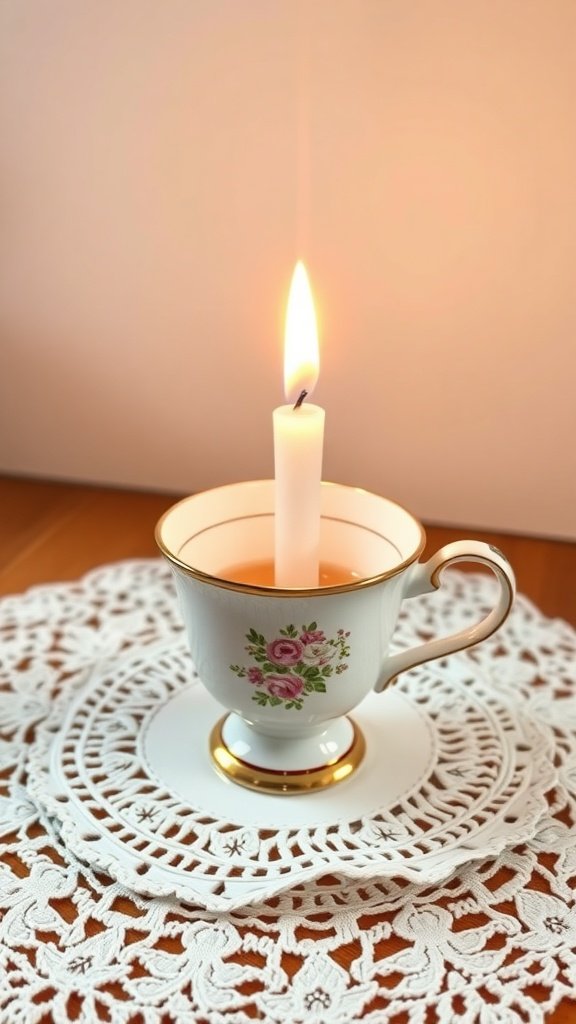 A vintage teacup with a candle inside, sitting on a lace doily.