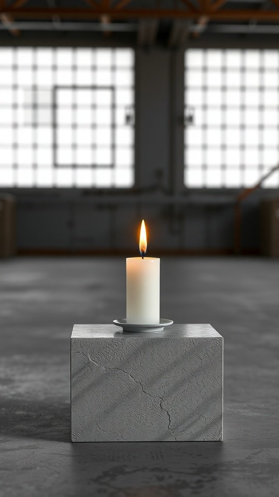 A candle placed on a cement block holder in a spacious room with large windows.