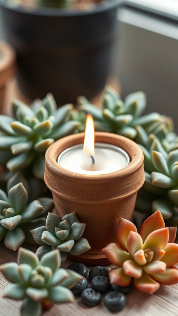 A terracotta pot candle holder surrounded by succulents and stones