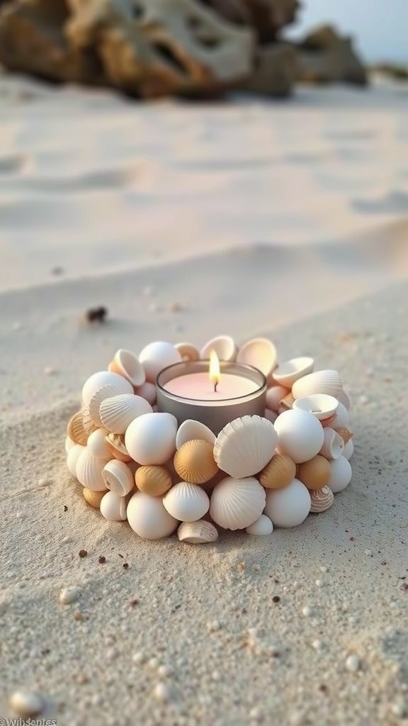 A seashell candle holder made from various seashells surrounding a tealight candle, placed on sandy beach.