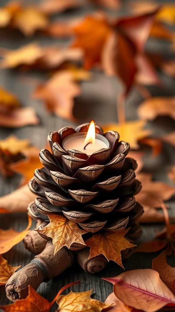 A pinecone candle holder surrounded by autumn leaves, with a lit candle inside.