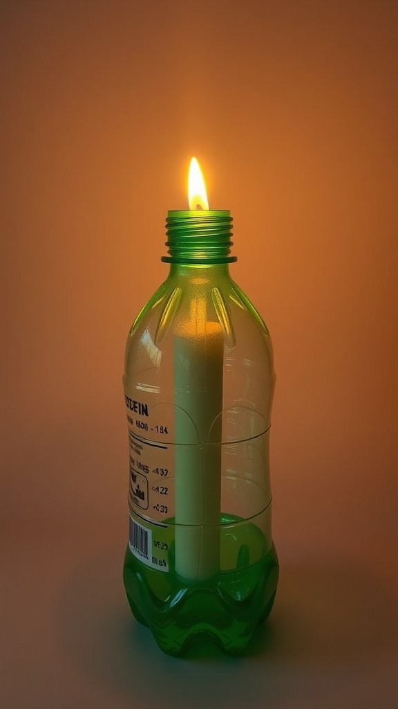 A candle holder made from a recycled plastic bottle with a lit candle inside.