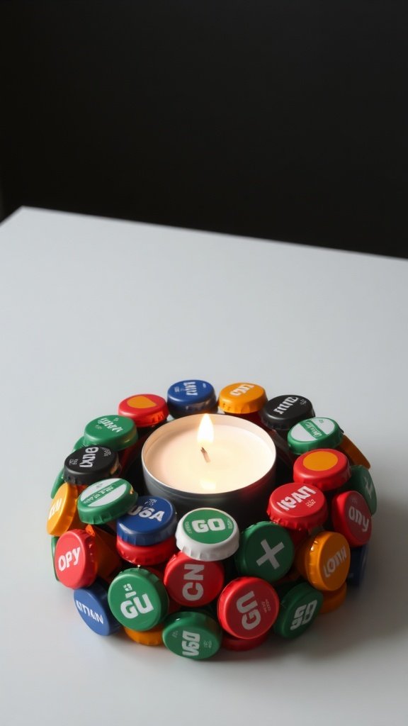 A colorful bottle cap candle holder with a tealight candle in the center.