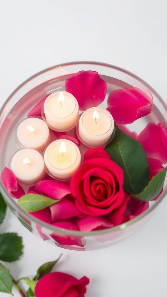 A bowl with floating candles and rose petals