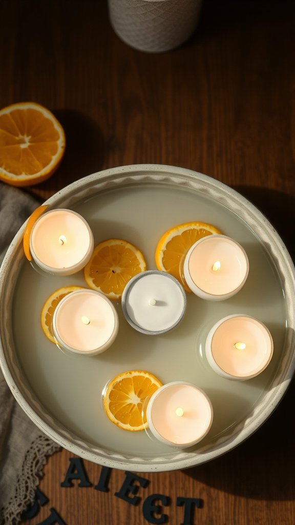 A bowl filled with floating candles and orange slices, creating a citrus-themed decor.