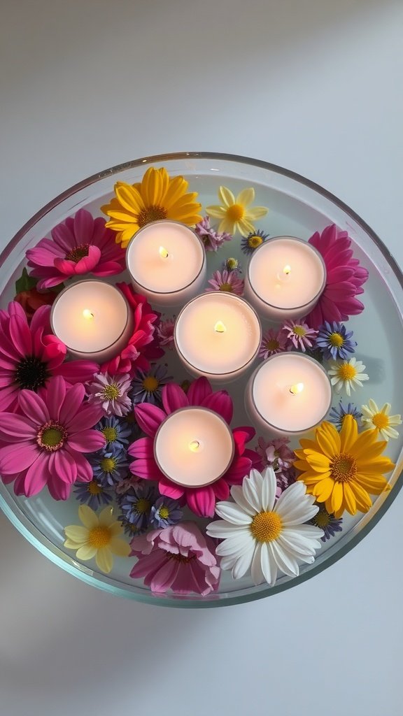 A bowl filled with colorful flowers and floating candles, creating a warm and inviting atmosphere.