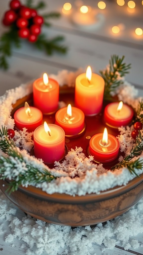 A bowl with floating candles surrounded by faux snow and pine branches, creating a winter wonderland effect.