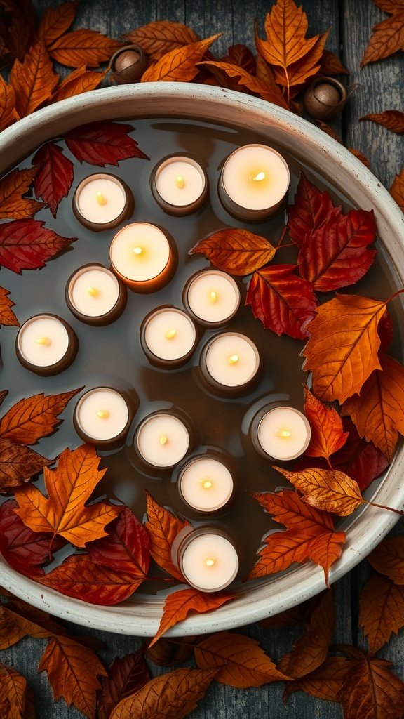 A bowl filled with floating candles and autumn leaves, creating a warm and inviting atmosphere.
