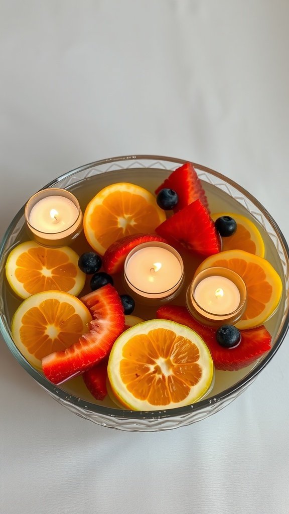 A bowl filled with fruit slices and floating candles