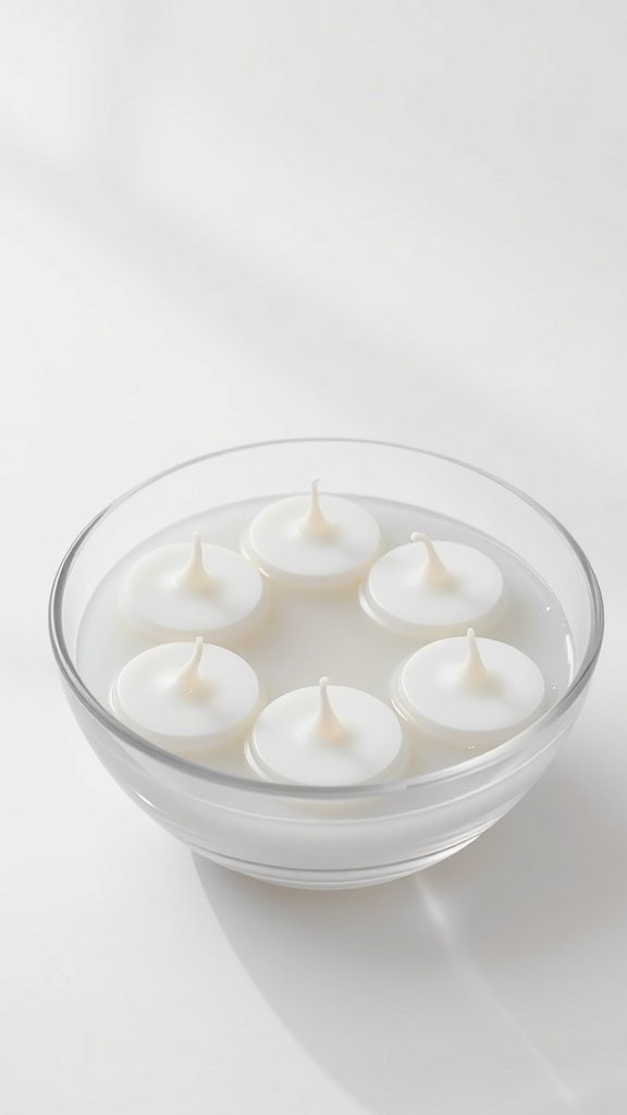 A clear bowl filled with water and six white floating candles.